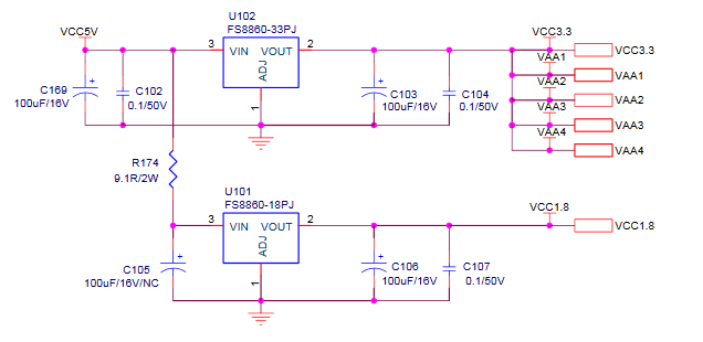 Две микросхемы LDO U101 и U102 формирующие +1.8 и +3.3В соответственно